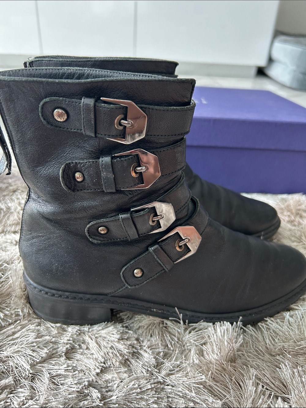 Stuart Weitzman Black Leather Triple-Buckle Ankle Boots